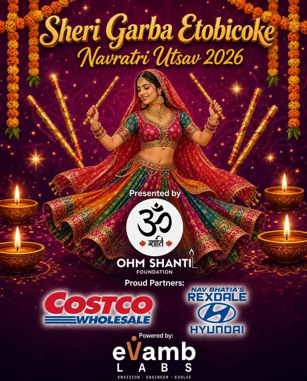 The official 2026 poster for Sheri Garba Etobicoke, Navratri Utsav 2026, a dancer in a red and green chaniya choli turning between raised dandiya sticks with marigold garlands and lit diyas.